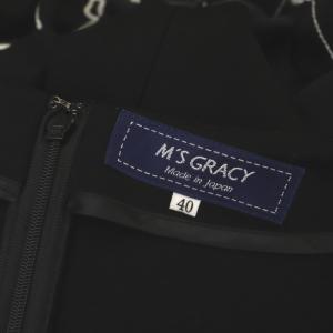 M'S GRACY カメリア刺繍リボン半袖ワンピース ミモレ丈 ロング 40 黒 ブラック オフホワイト