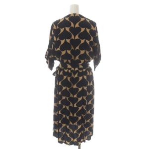 DIANE von FURSTENBERG 総柄 半袖 カシュクールワンピース ひざ丈 リボンベルト付き 6 ベージュ 黒 ブラック