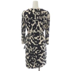 DIANE von FURSTENBERG カシュクールワンピース 七分袖 膝丈 総柄 シルク 6 黒 オフホワイト ブラック