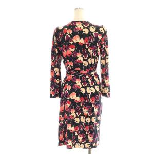 DIANE von FURSTENBERG シルク 総柄 カシュクールワンピース ラップワンピース ひざ丈 九分袖 6 黒 ブラック マルチカラー