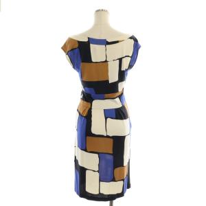DIANE von FURSTENBERG ワンピース ノースリーブ 膝丈 総柄 シルク 6 アイボリー 黒 青 茶