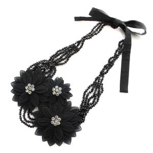 ネックレス ペンダント ビーズ 花 フラワー ビジュー リボン 絹 シルク 黒 ブラック