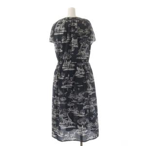 MUVEIL アニマルプリントワンピース ロング ミモレ丈 フレンチスリーブ 36 紺 ネイビー オフホワイト