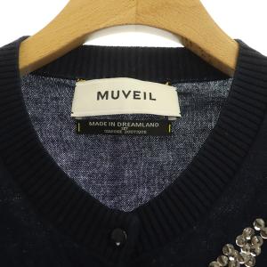 MUVEIL ビーズスパンコールカーディガン ニット 長袖 クルーネック 38 紺 ネイビー