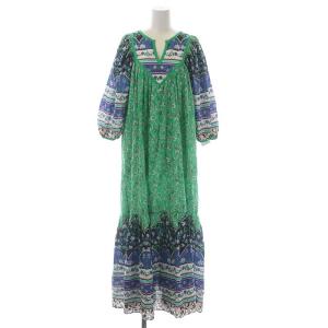 23SS エスニックプリントロング ワンピース マキシ丈 七分袖 スキッパー 36 緑 白 マルチカラー
