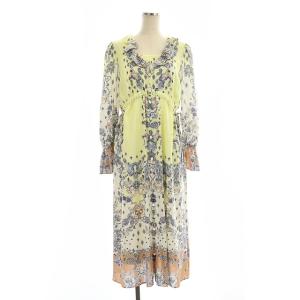 21SS サラサフラワープリントフリルシャツワンピース  ロング ミモレ丈 長袖 インナー付き 36 黄 白 オレンジ 緑