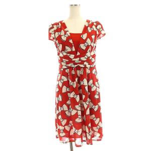 ワンピース リボン柄 膝丈 半袖 インナー付き 36 赤 ベージュ 黒