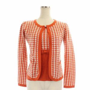 千鳥柄 ニット アンサンブル カーディガン 長袖 カットソー 半袖 38 オレンジ 白