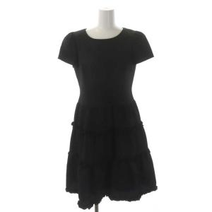 ワンピース ジャガード 膝丈 フリル 半袖 36 黒 ブラック