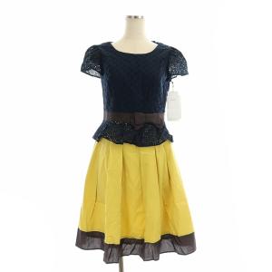 ワンピース レース 切替 膝丈 リボン 半袖 36 紺 黄 茶