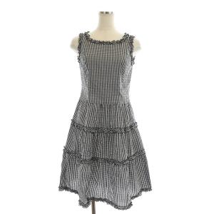 ギンガムチェック ワンピース 膝丈 ノースリーブ フリル 36 黒 白 ブラック ホワイト