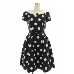 ドット ワンピース 膝丈 半袖 付け衿 ウエストリボン 36 ブラック ホワイト