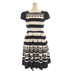 カメリア ボーダー ワンピース 膝丈 半袖 スクエアネック 38 黒 ブラック アイボリー