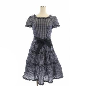 ギンガムチェックワンピース 膝丈 半袖 フリル 36 黒 ブラック グレー