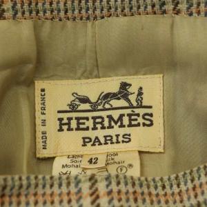 HERMES ヴィンテージ ウールシルク混 チェック タイトスカート ミモレ ロング 42 ベージュ マルチカラー