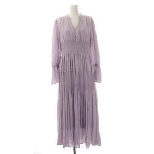 シャーリングプリーツワンピース  ロング 長袖 インナー付き 38 薄紫 ラベンダー