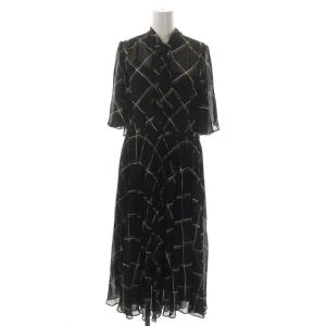 20AW チェックプリーツワンピース ロング 半袖 38 黒 ブラック アイボリー