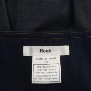René ストレッチデニムワンピース 膝丈 ノースリーブ フリルスリーブ タック ステッチ 34 紺 インディゴ