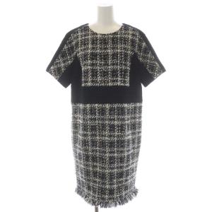 22AW ラメツイードワンピース 膝丈 半袖 フリンジ ラメ ウール混 38 オフホワイト 黒 ゴールド色