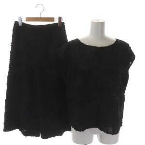 セットアップ 上下 フラワー刺繍 ブラウス フレンチスリーブ パンツ クロップド ワイド 36 黒 ブラック