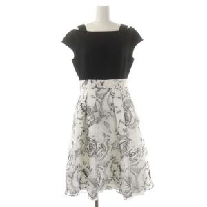 ローズバイカラーワンピース 膝丈 フレンチスリーブ 36 黒 白 ブラック ホワイト