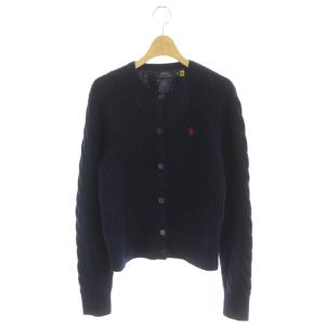 近年モデル ケーブルニットカーディガン 長袖 カシミヤ混 ポニー刺繍 M 紺 ネイビー