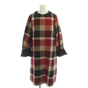 × 美人百花 22AW クレストブリッジチェックウールビエラサックドレス ワンピース ひざ丈 九分袖 36 赤 黒 ベージュ