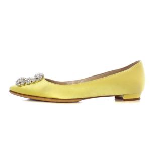 MANOLO BLAHNIK HANGISI FLAT パンプス ポインテッドトゥ サテン クリスタル 24cm イエロー