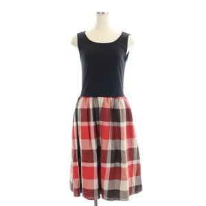 ドッキング チェック ノースリーブ ワンピース 膝丈 38 黒 赤 茶