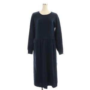 サイドチェック ワンピース ニット ロング 長袖 38 紺 ネイビー
