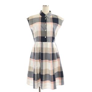 チェック フレンチスリーブ ワンピース 膝丈 38 紺 ベージュ ピンク