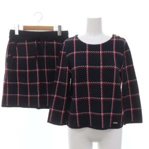カットソー 七分袖 ミニスカート 台形 ニット チェック 38 紺 ネイビー