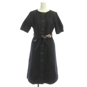 22SS ムラ糸ストレッチデニムワンピース ロング ミモレ 五分袖 38 紺 ネイビー