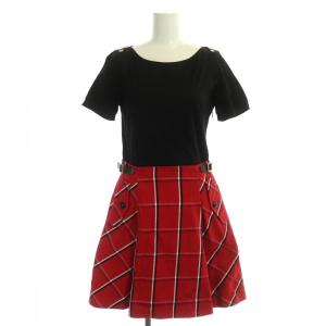 ワンピース 半袖 膝丈 チェック ドッキング 切替 コットン 38 黒 赤 白