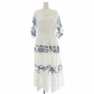 21SS フラワー刺繍 ワンピース ロング マキシ丈 七分袖 Vネック 36 白 青 水色