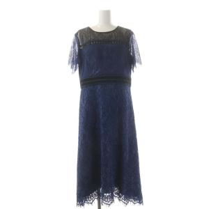 バイカラーレース切替 ワンピース ロング 半袖 38 青 紺 黒