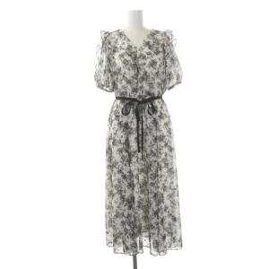 22AW モノトーンフラワー袖フリルワンピース ロング 半袖 ウエストリボン付き インナー付き 38