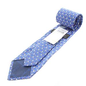 Salvatore Ferragamo ゾウ フラワー 総柄 シルクネクタイ 青 ブルー