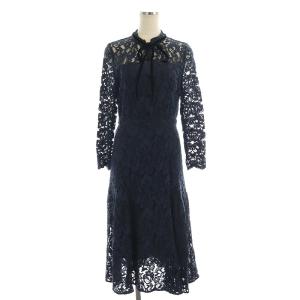 ボウタイレースワンピース ロング ミモレ丈 長袖 36 紺 ネイビー