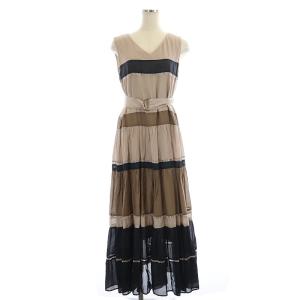 配色切替フレアワンピース ロング マキシ丈 ノースリーブ シルク混 ベルト付き 36 ブラウン 黒 ブラック