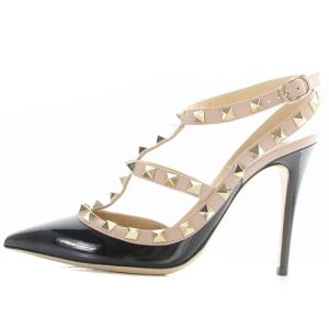 VALENTINO GARAVANI パテントレザー ロックスタッズ サンダル ストラップ ピンヒール 35.5 ブラック ピンクべージュ