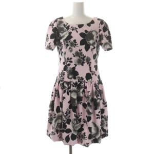 花柄ワンピース 膝丈 半袖 バルーン ギャザー パフスリーブ 36 ピンク 黒 グレー