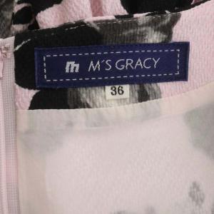 M'S GRACY 花柄ワンピース 膝丈 半袖 バルーン ギャザー パフスリーブ 36 ピンク 黒 グレー