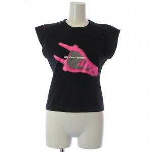 プリント カットソー Tシャツ 半袖 フレンチスリーブ ショート丈 M 黒 ブラック ピンク