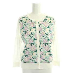 フラワーレース切り替え カーディガン ニット 長袖 薄手 38 白 マルチカラー ホワイト