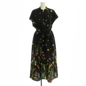 21AW ツイルボタニカルワンピース フレンチスリーブ ロング 花柄 リボンベルト付き 36 黒 マルチカラー ブラック
