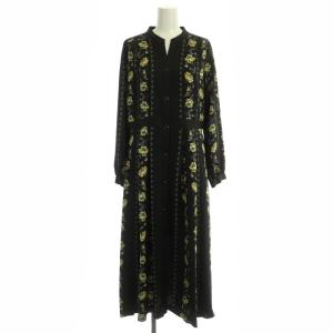 ラインプリントワンピース ロング 長袖 花柄 総柄 前開き 36 黒 マルチカラー ブラック