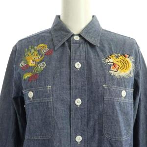 BEAMS BOY Tokyo style 刺繍シャツ ブラウス 長袖 胸ポケット コットン 紺 マルチカラー