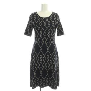 ニットワンピース ロング 五分袖 総柄 フレア 38 紺 ネイビー