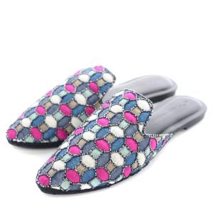 マルチ刺繍フラット フラットサンダル ミュール ラウンドトゥ 36 23cm 黒 ブラック